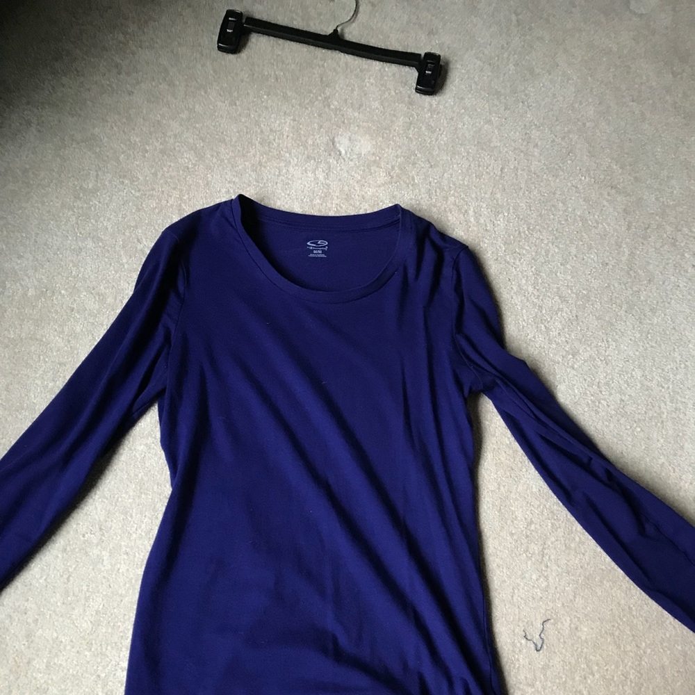 Long-sleeved purple tee.